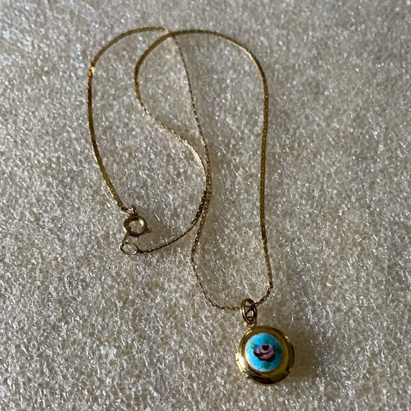 Vintage Jewelry - Vintage Gold Necklace with Blue and Pink Pendant
